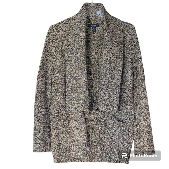 Heathered Open Front Neutral Cardigan Long Sweater Shawl Collar Patch Pockets - Picture 1 of 11